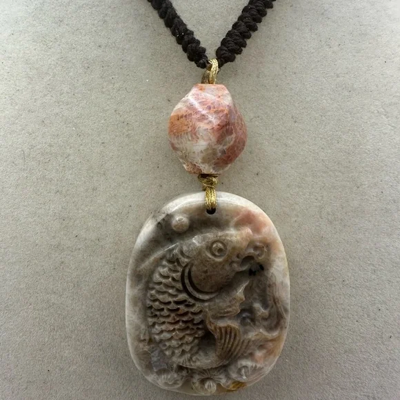 Handcrafted Coral Fossil Jade Fish Carving Pendant Necklace on Adjustable Rope - Picture 3 of 13
